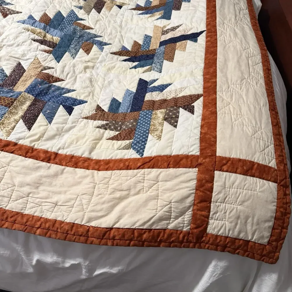 Handmade Quilt Throw Patchwork Star Pattern Cream Blue Rustic Cottage Bed Topper